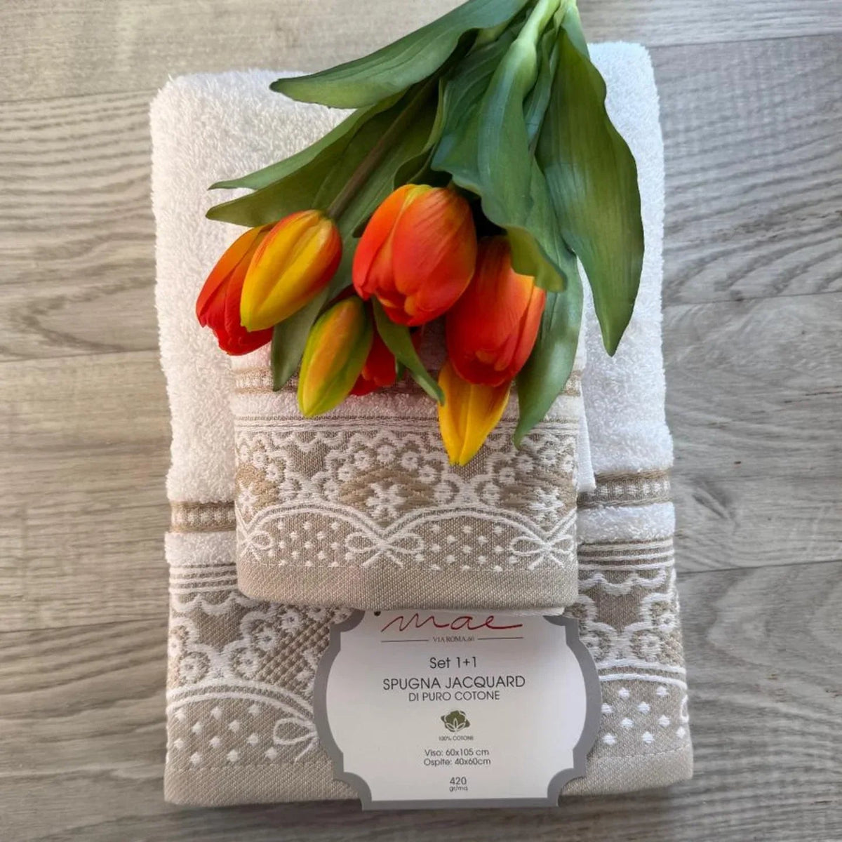 Set Asciugamani 1+1 Romantica Via Roma 60 – Spugna di Cotone Jacquard 420 gr/m² - The King Luxury