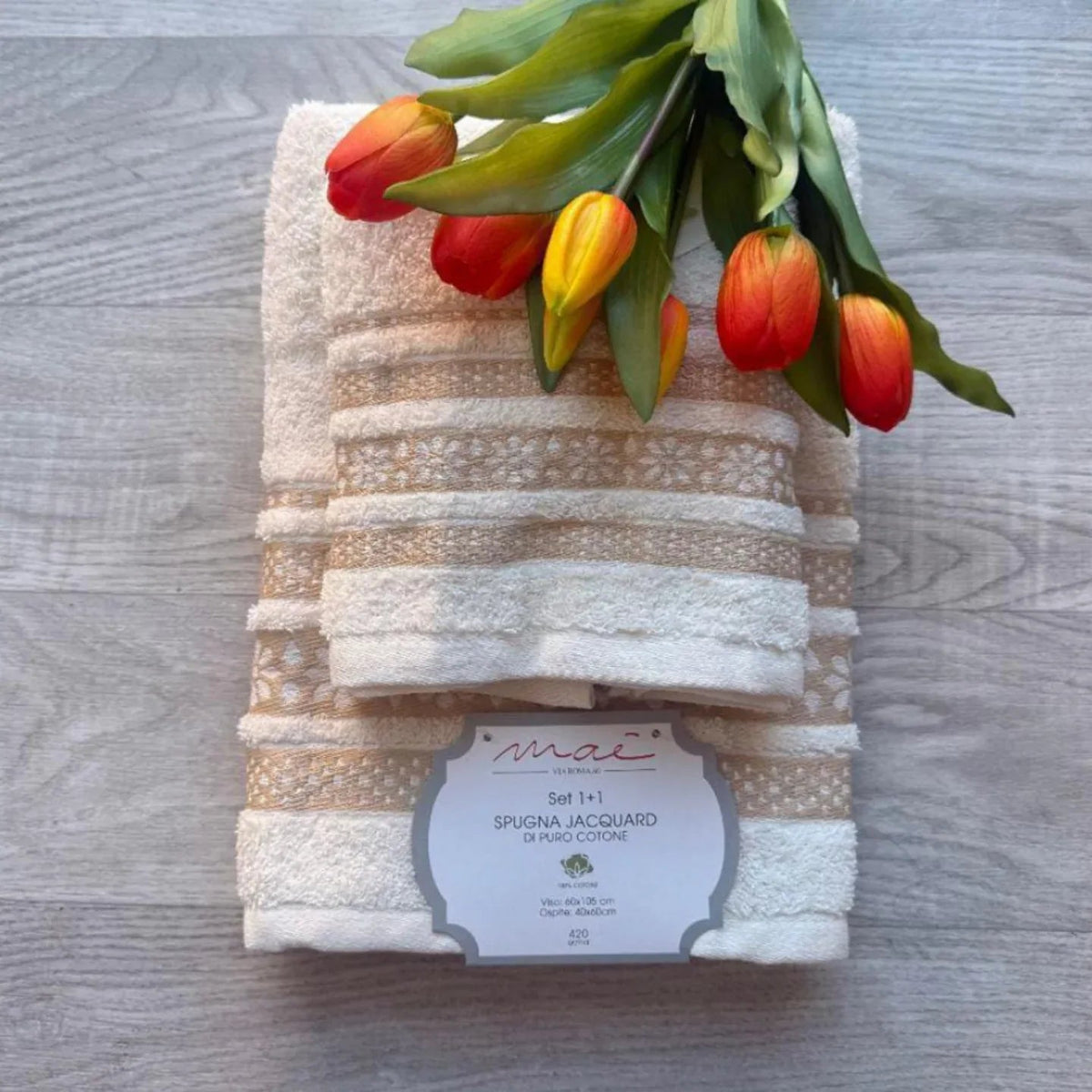 Set Asciugamani 1+1 Via Roma 60 Lino – Spugna di Cotone Jacquard 420 gr/m² - The King Luxury