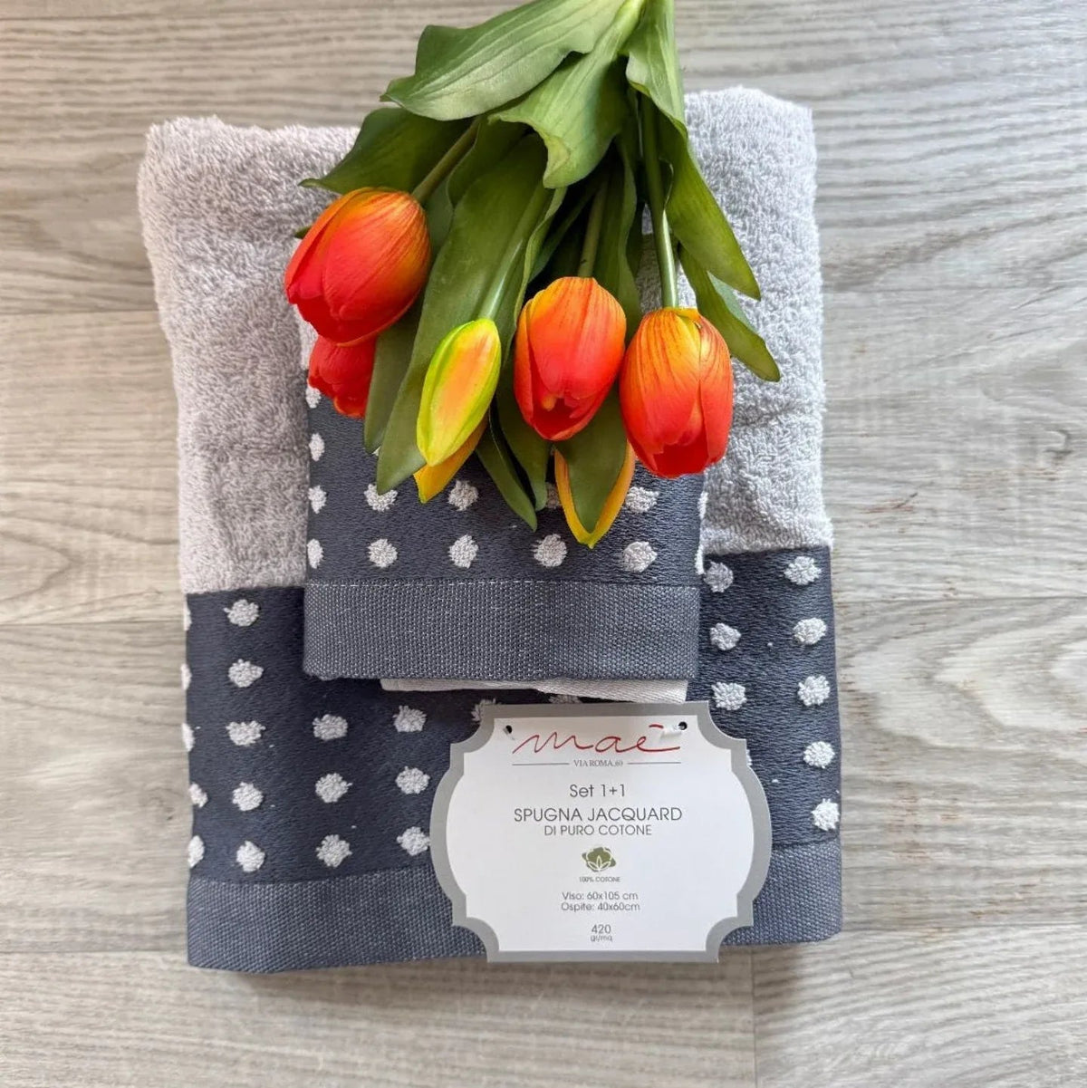 Set Asciugamani 1+1 Via Roma 60 Samba Pois – Spugna di Cotone Jacquard 420 gr/m² - The King Luxury