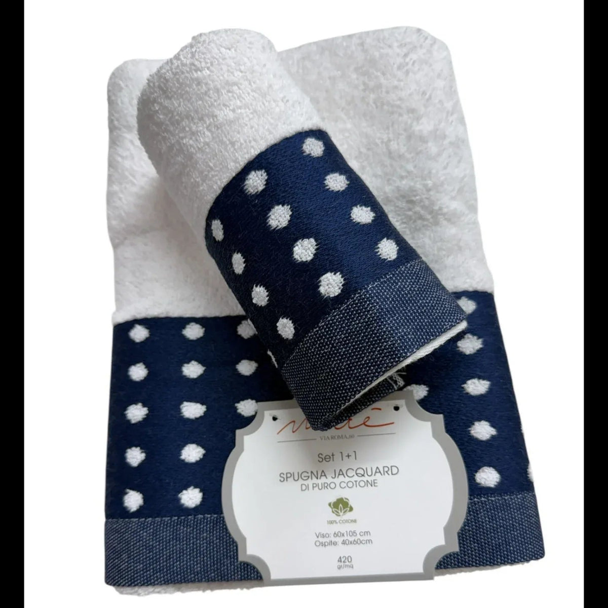 Set Asciugamani 1+1 Via Roma 60 Samba Pois – Spugna di Cotone Jacquard 420 gr/m² - The King Luxury