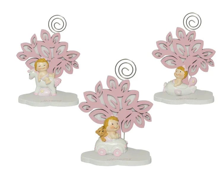 4 Pezzi Bomboniera Nascita Albero Rosa con Bimba 3D e Automezzi - The King Luxury