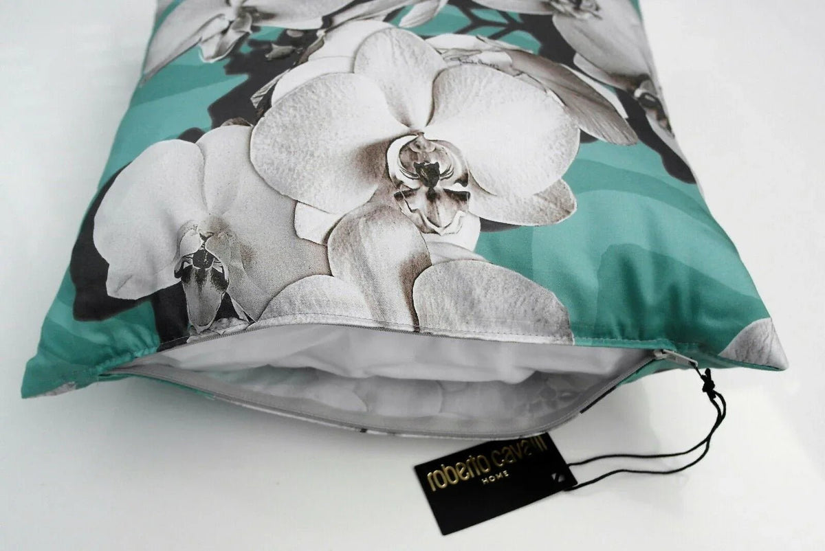 Cuscino Roberto Cavalli Divine Orchid Acqua 40x40 Raso Cotone - The King Luxury