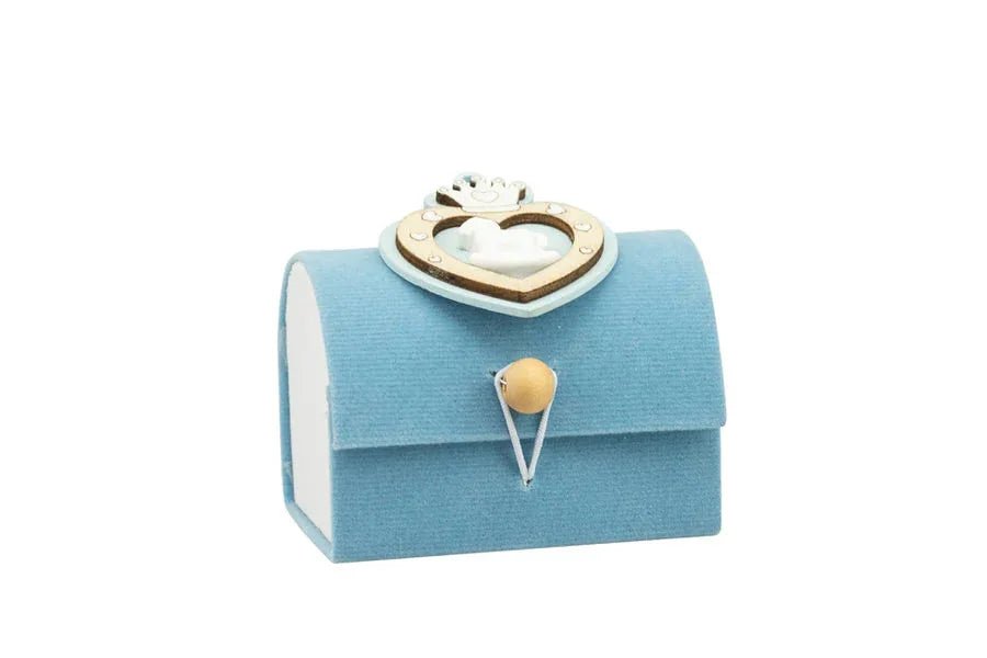 Scatolina Nascita Bimbo scrigno in velluto celeste con corona legno e cavallino gessetto - The King Luxury