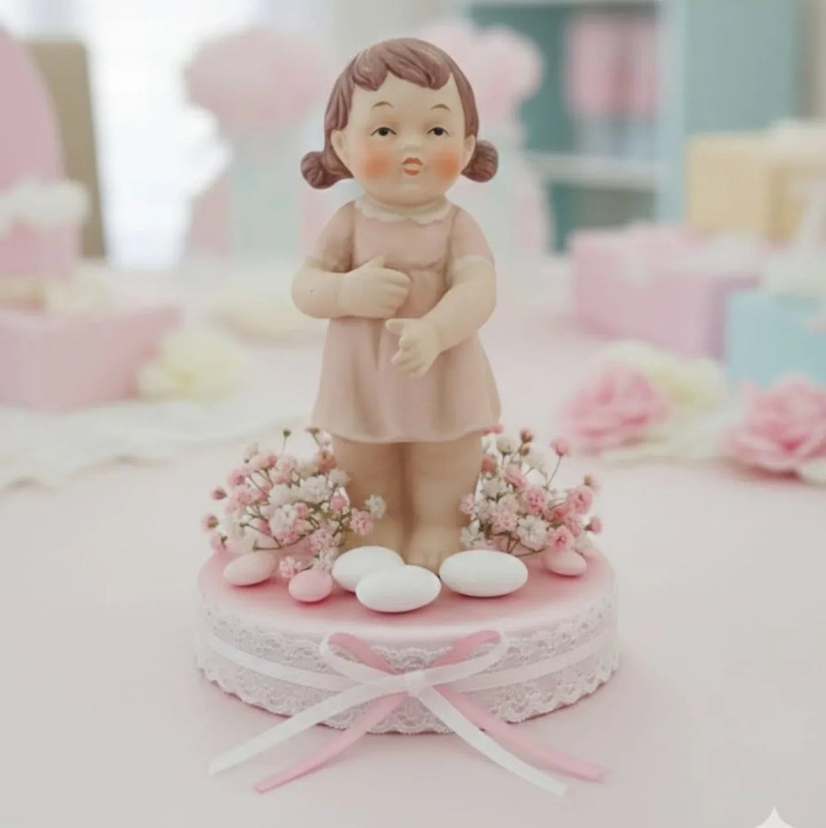 12 Pezzi Bomboniera Nascita Bimba in Piedi Rosa in Porcellana Miledi 2106 con Scatola - The King Luxury