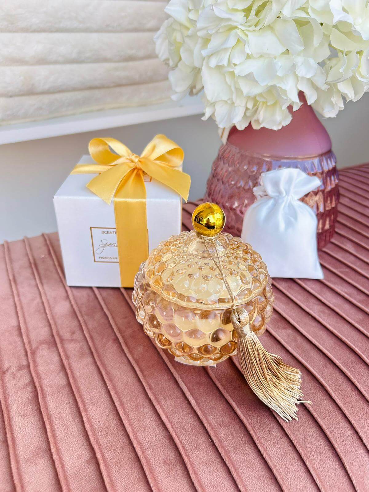 3 Pezzi Candela Bon Bon Ambra con Nappina Special Gifts - The King Luxury