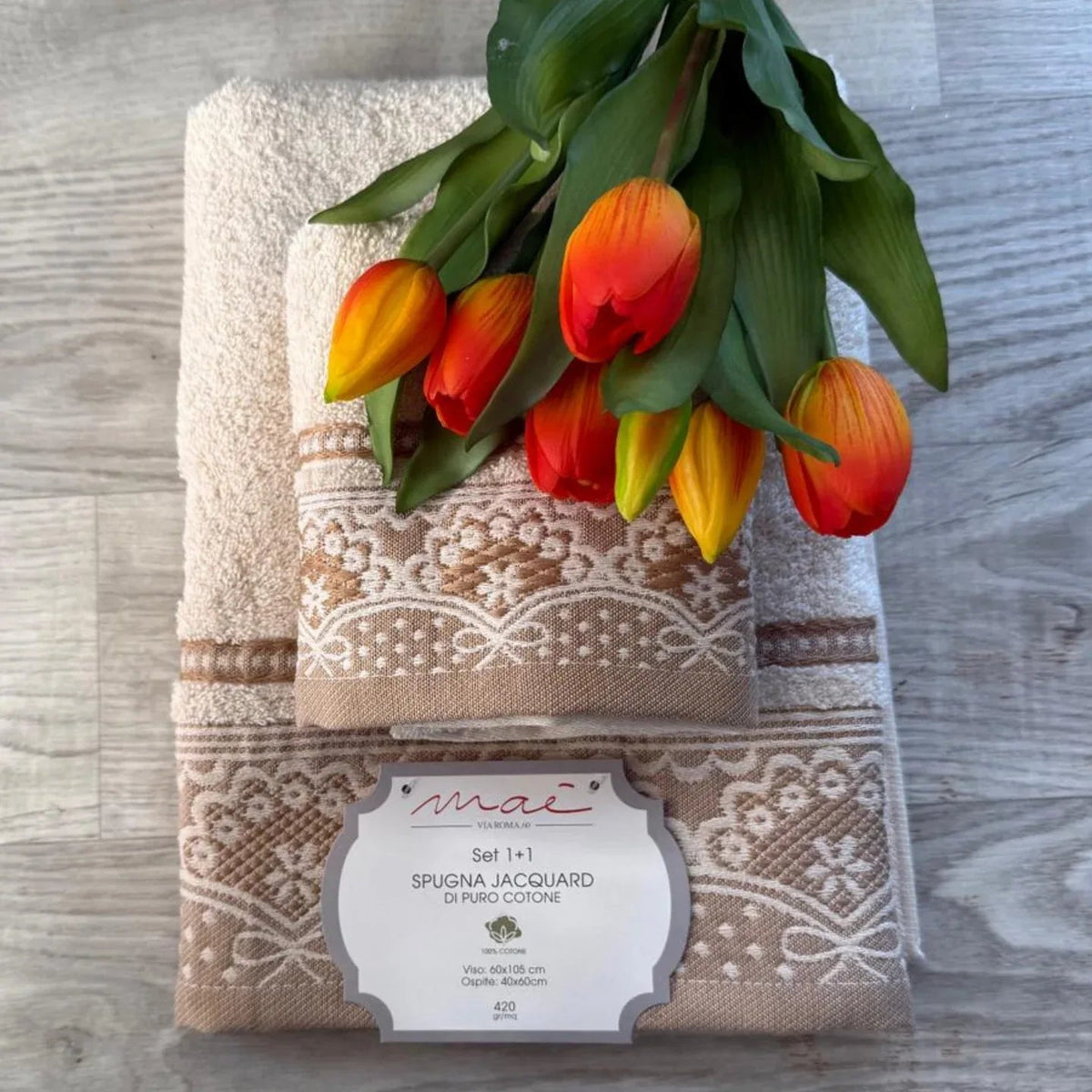 Set Asciugamani 1+1 Romantica Via Roma 60 – Spugna di Cotone Jacquard 420 gr/m² - The King Luxury
