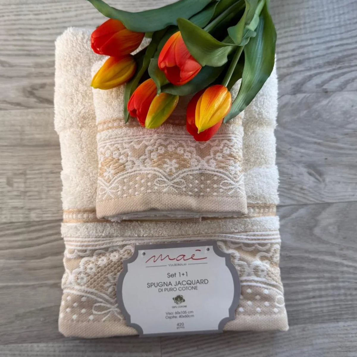 Set Asciugamani 1+1 Romantica Via Roma 60 – Spugna di Cotone Jacquard 420 gr/m² - The King Luxury