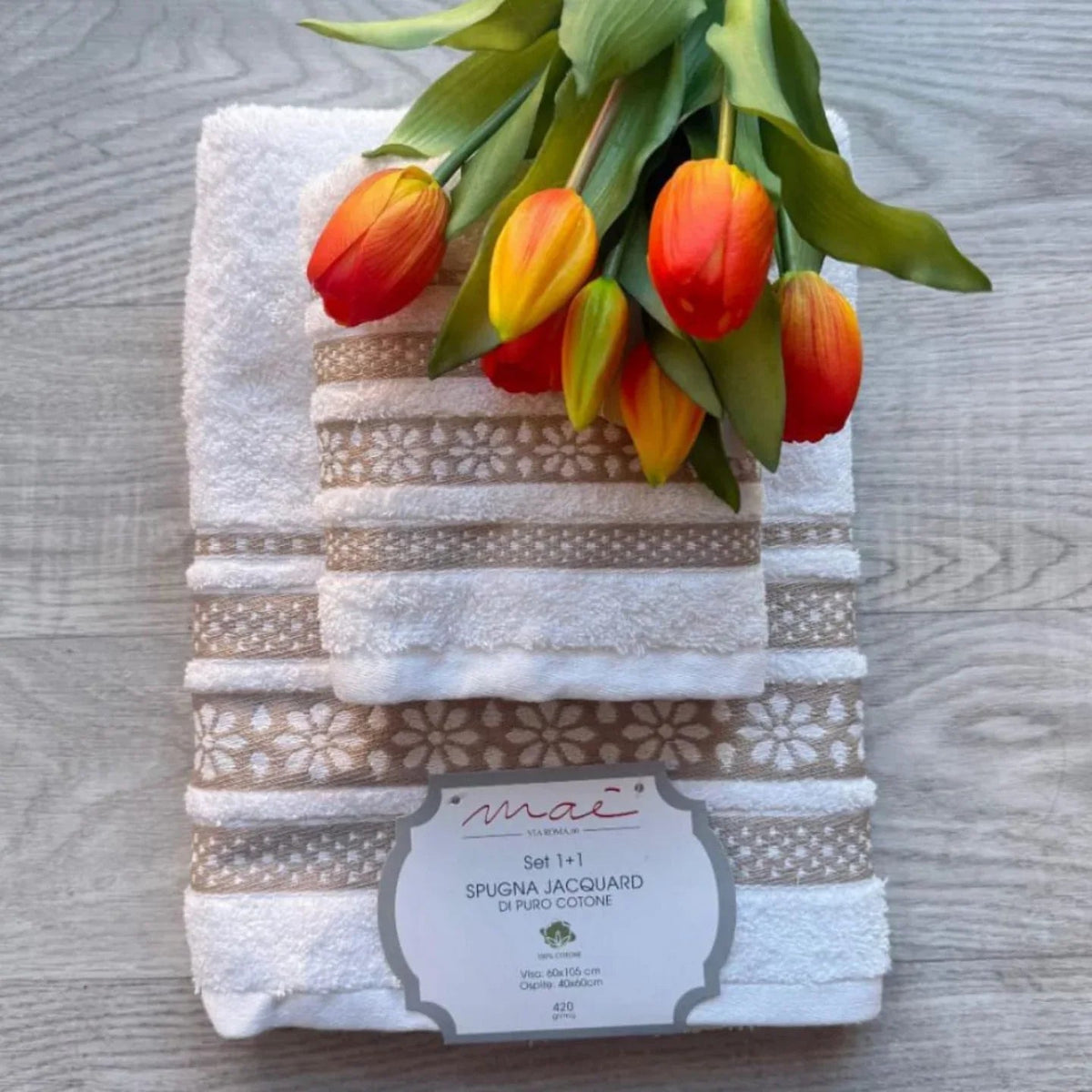Set Asciugamani 1+1 Via Roma 60 Lino – Spugna di Cotone Jacquard 420 gr/m² - The King Luxury