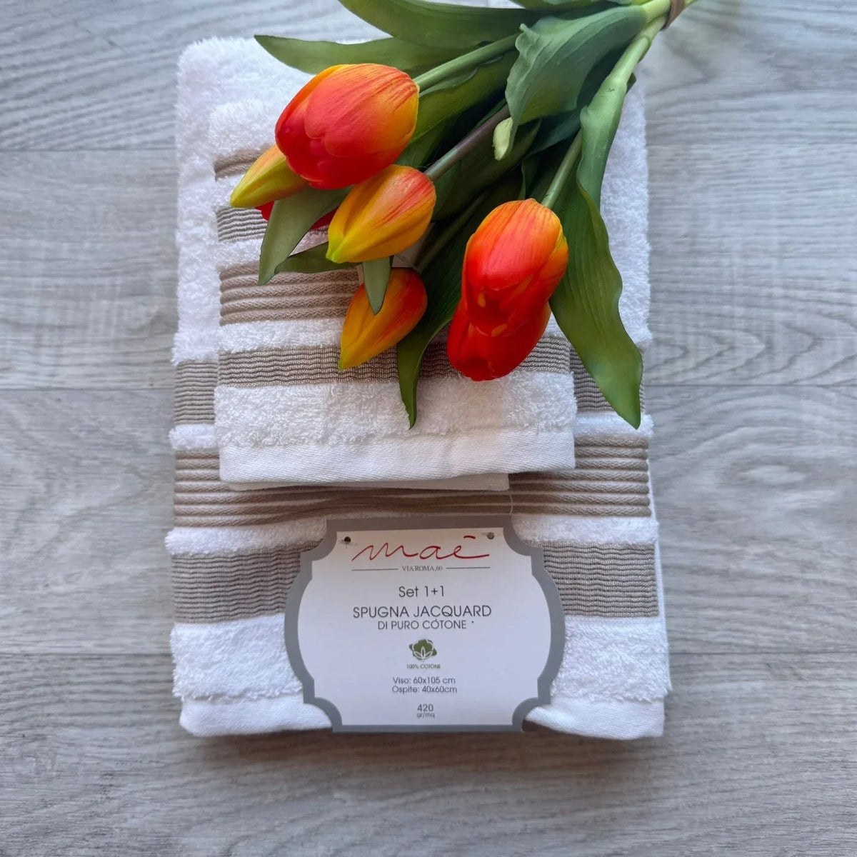 Set Asciugamani 1+1 Via Roma 60 Lino – Spugna di Cotone Jacquard 420 gr/m² - The King Luxury