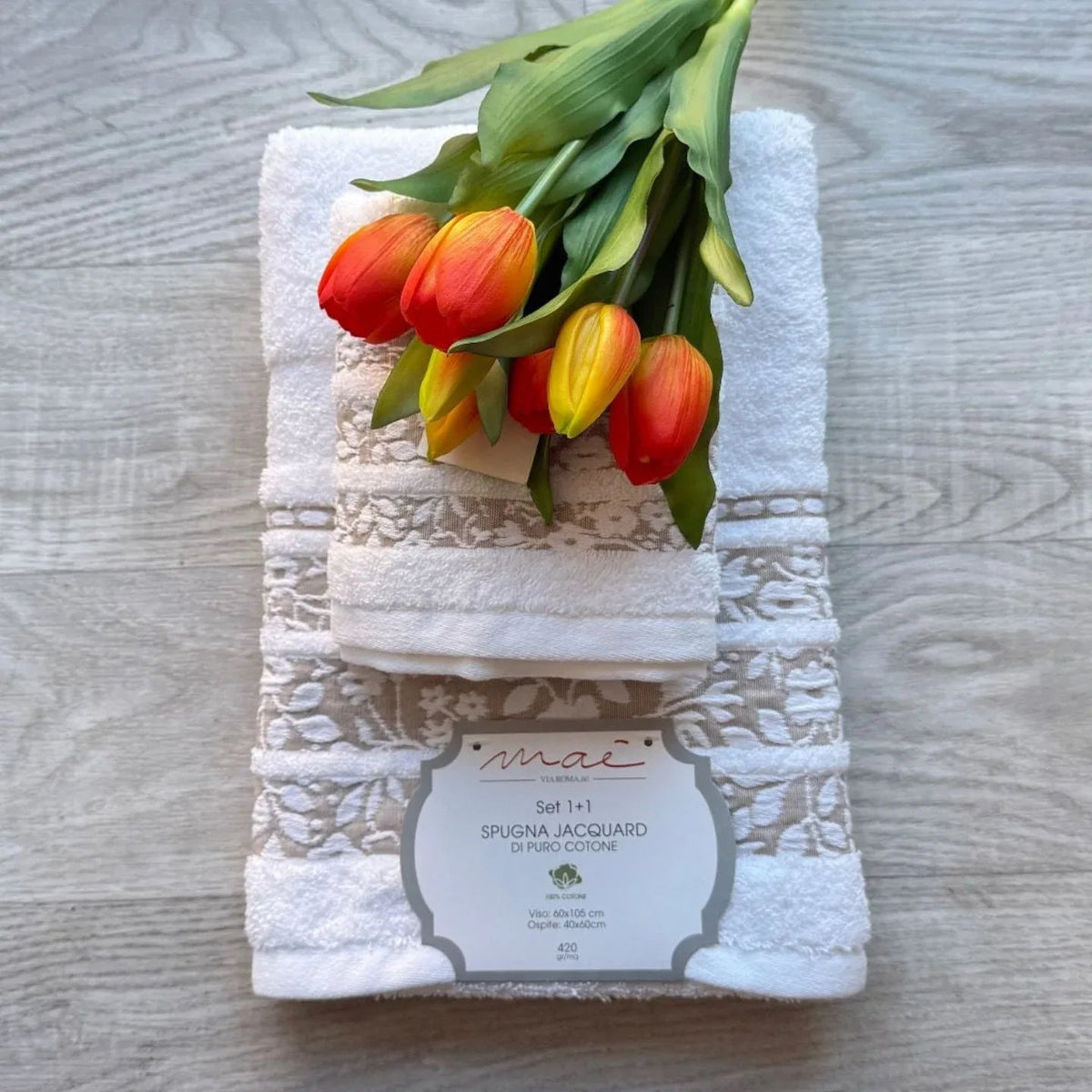 Set Asciugamani 1+1 Via Roma 60 Lino – Spugna di Cotone Jacquard 420 gr/m² - The King Luxury