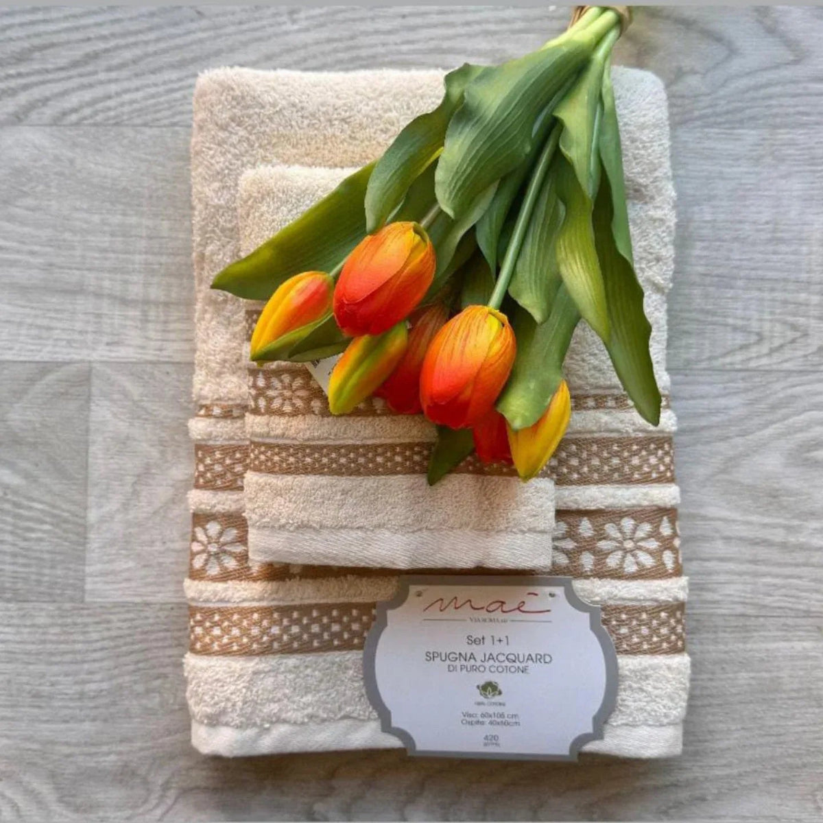 Set Asciugamani 1+1 Via Roma 60 Lino – Spugna di Cotone Jacquard 420 gr/m² - The King Luxury
