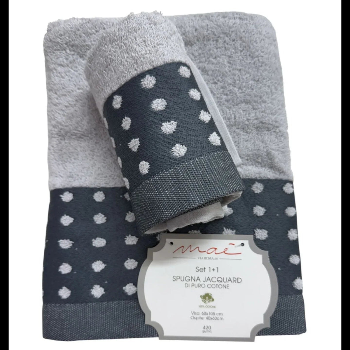 Set Asciugamani 1+1 Via Roma 60 Samba Pois – Spugna di Cotone Jacquard 420 gr/m² - The King Luxury