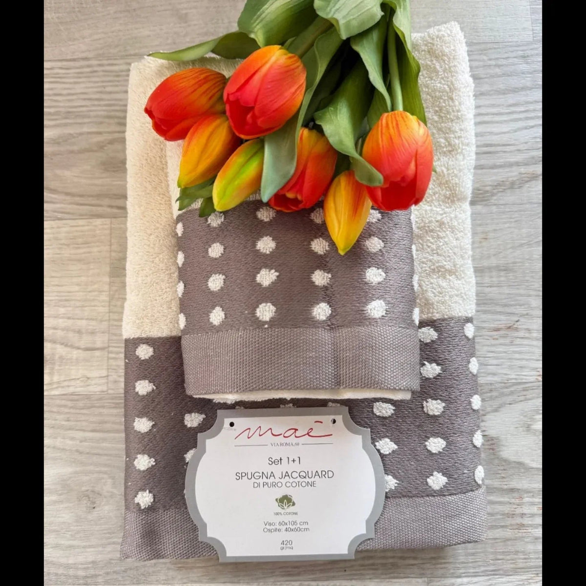 Set Asciugamani 1+1 Via Roma 60 Samba Pois – Spugna di Cotone Jacquard 420 gr/m² - The King Luxury