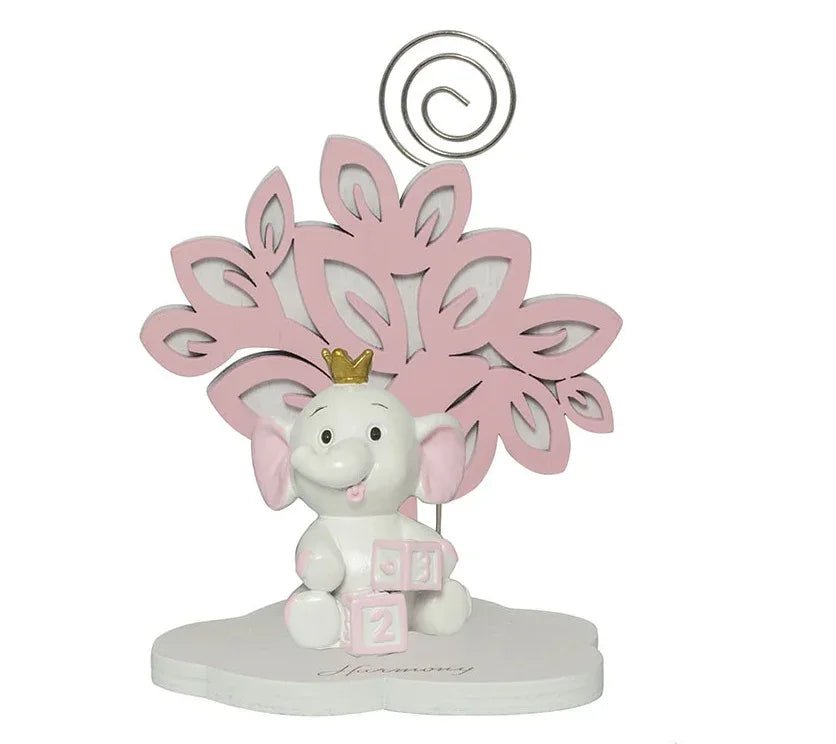 4 Pezzi Bomboniera Nascita Elefante 3D Rosa con Clip e Bimba Corona - The King Luxury