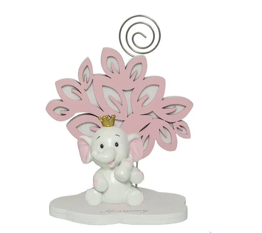 4 Pezzi Bomboniera Nascita Elefante 3D Rosa con Clip e Bimba Corona - The King Luxury