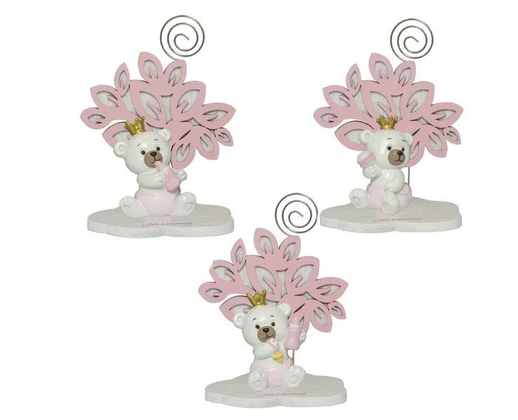4 Pezzi Bomboniera Nascita Orsetto 3D Rosa con Clip e Bimba Corona - The King Luxury