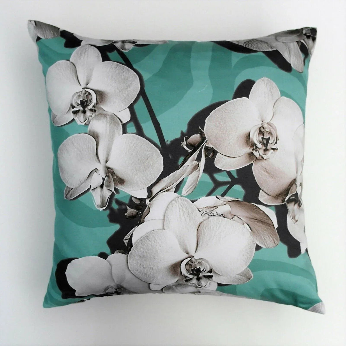 Cuscino Roberto Cavalli Divine Orchid Acqua 40x40 Raso Cotone - The King Luxury